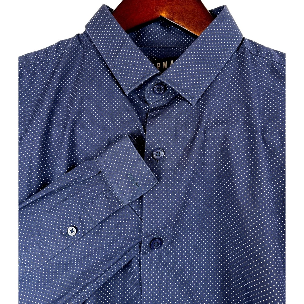 Topman Muscle Fit Navy Blue Ditsy Dot Long Sleeve Button Down Shirt Men's L‎